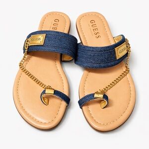 GUESS Denim Chain Thong Sandals Gold Hardware Size 6